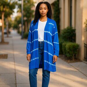 Chicos Blue & White Tie-Dye Open Front Cardigan Lightweight Long Sleeve M